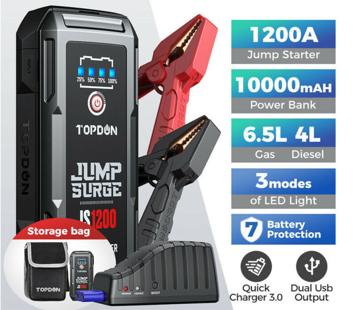 TOPDON Starthilfe Powerbank, JS1200 Starterbatterie 1200A Auto